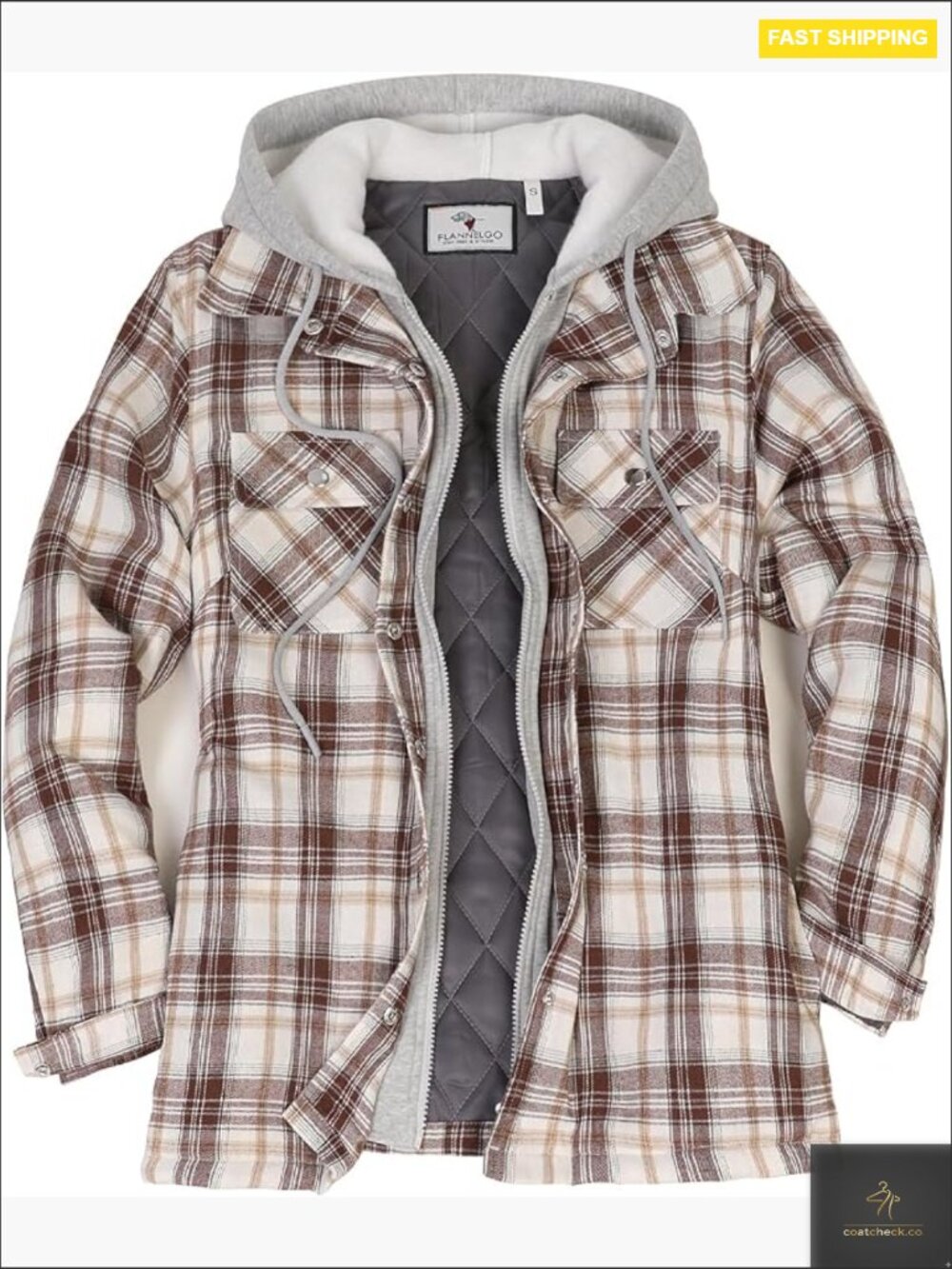 Quilted Lined Flannel Shacket with Hood, Multi-Pocket Full Zip Plaid Jacket